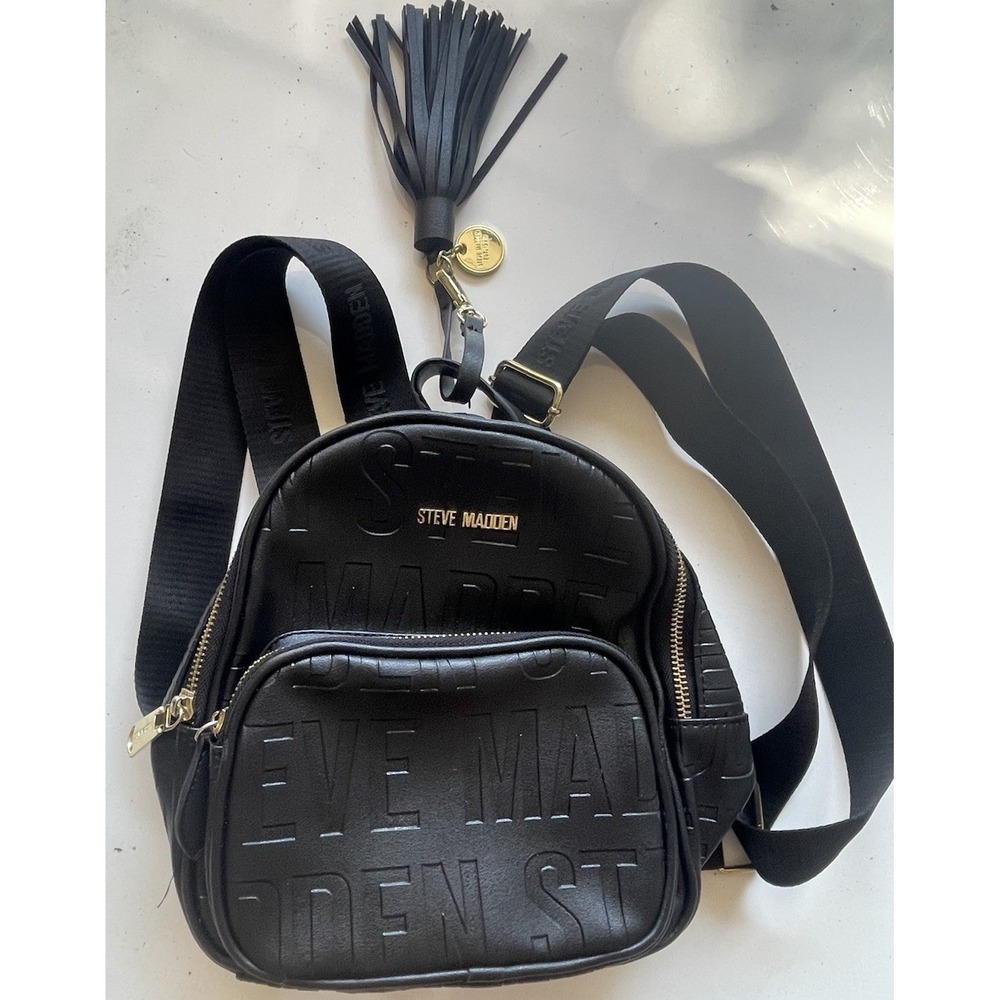 Steve Madden‎ Mini Backpack Purse Black Embossed Leather Logo